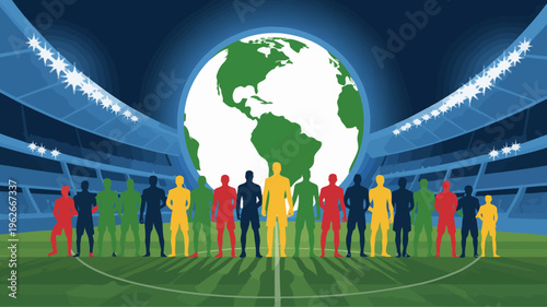 A diverse group of silhouetted figures stands on a field before a large illuminated globe and stadium high quality professional detailed modern elegant stylish clean crisp