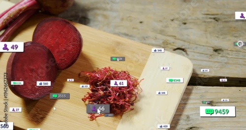 Board with beets and sprouts on plank, badges piling, cursor selecting, fading, showing food reach