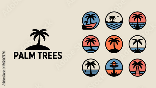 A collection of stylized palm tree illustrations and icons showcasing tropical scenes within circular and rectangular frames high quality professional detailed modern elegant stylish clean crisp