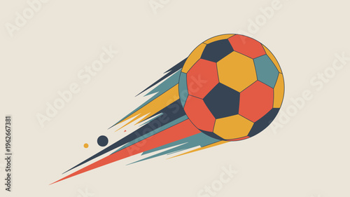 A vibrant illustration depicts a soccer ball in motion trailed by dynamic streaks of color against a pale neutral background high quality professional detailed modern elegant