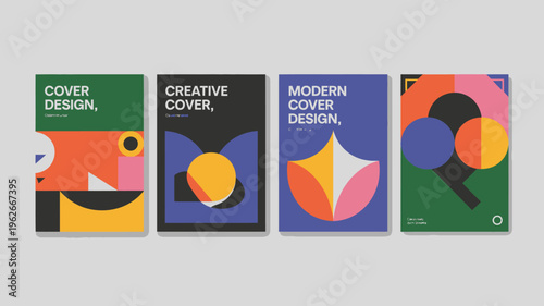 A display of four vibrant book cover designs featuring geometric shapes and bold color blocking showcasing modern artistic aesthetics high quality professional detailed elegant stylish clean