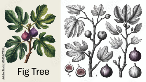 A vintage botanical illustration displays a fig tree with vibrant purple figs lush green leaves and detailed branch structures high quality professional modern elegant stylish clean