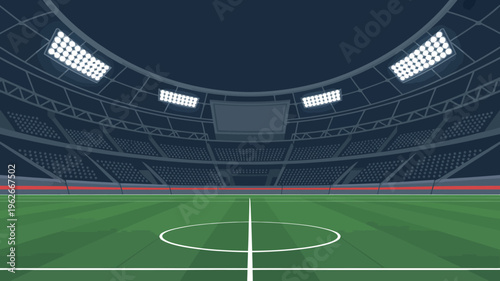 An illustration depicts an empty soccer stadium at night showcasing rows of seats and bright floodlights illuminating the green field high quality professional detailed modern elegant