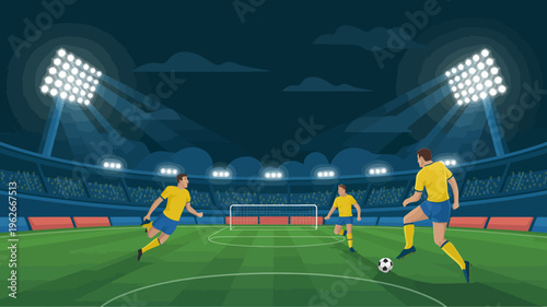 A vibrant illustration depicts a soccer match taking place at night under bright stadium lights with players in yellow and blue jerseys high quality professional detailed