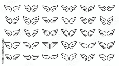 A collection of various black and white wing designs are displayed in a repeating grid pattern offering diverse stylistic options high quality professional detailed modern elegant