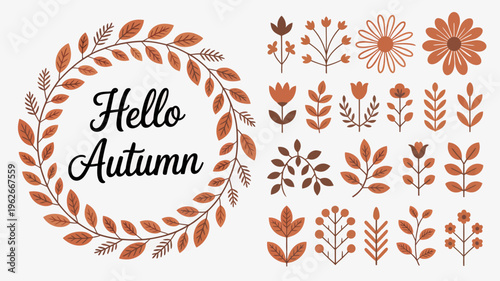 An autumnal wreath surrounds the greeting hello autumn with various floral and leaf illustrations in shades of orange and brown high quality professional detailed modern elegant