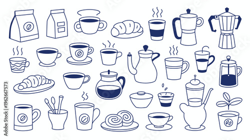 A collection of blue line art illustrations depicts various coffee and breakfast items including cups pots croissants and pastries high quality professional detailed modern elegant stylish