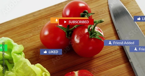 Three tomatoes on wood board, cursor clicking subscribe, badges popping, covering food for ads