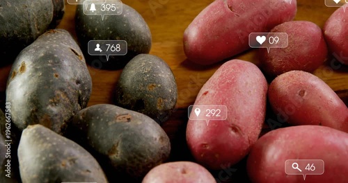 UI bubbles appearing on load, clustering and drifting over potatoes, showing engagement metrics