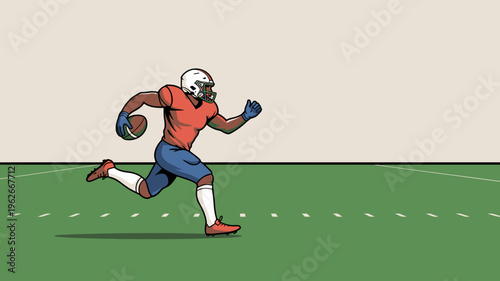 A digital illustration depicts a football player in action sprinting forward with the ball on a vibrant green field high quality professional detailed modern elegant stylish