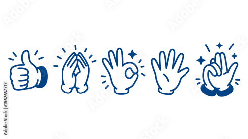 A series of five blue hand gestures are depicted showing a thumbs up praying hands open palm ok sign and a snapping hand high quality professional