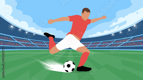 A brightly colored illustration depicts a soccer player in a red jersey kicking a black and white ball in a stadium high quality professional detailed modern