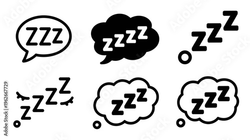 A collection of black and white cartoon sleep symbols depicting zzz lettering inside speech bubbles and cloud shapes high quality professional detailed modern elegant stylish clean