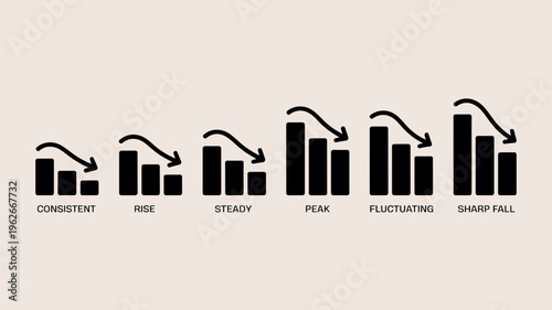 A series of black bar graphs with downward pointing arrows illustrates different patterns of decline and fluctuation over time high quality professional detailed modern elegant stylish