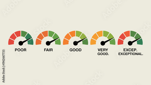 A series of five gauge charts displays a spectrum of ratings ranging from poor to exceptional performance levels high quality professional detailed modern elegant stylish clean