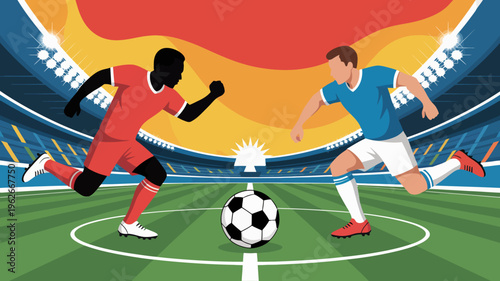 Two soccer players compete for possession of the ball in a vibrant stadium setting illuminated by bright spotlights high quality professional detailed modern elegant stylish clean