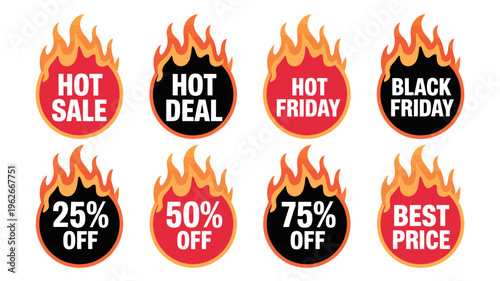 A collection of circular badges with fiery designs promoting various sales and discounts for events like black friday high quality professional detailed modern elegant stylish clean