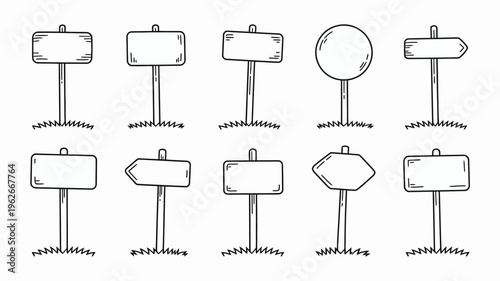 A collection of hand drawn black and white signposts and directional signs with various shapes and sizes are shown on a white background high quality professional