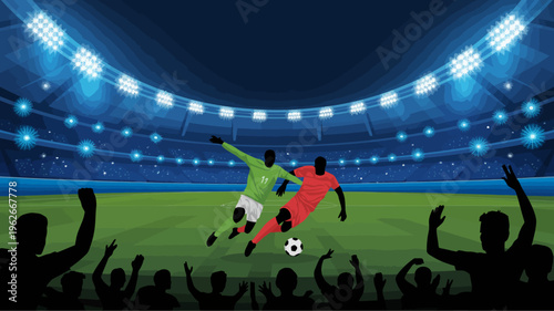 A dynamic illustration depicts two soccer players competing for the ball on a vibrant green field illuminated by stadium lights high quality professional detailed modern elegant