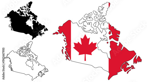 A graphic depicts three versions of canada s map a solid black outline a colored flag representation and a white outlined version high quality professional detailed