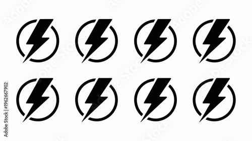 A grid displays eight black lightning bolt icons encircled by rings showcasing a repeating pattern of electrical energy symbols high quality professional detailed modern elegant stylish
