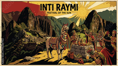 Inti Raymi Festival Llama and Altar in Andean Mountains Celebration