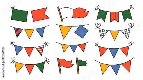 A collection of colorful pennant banners and small flags are displayed seemingly hand drawn with simple lines and vibrant hues high quality professional detailed modern elegant