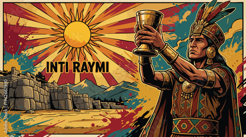 Inti Raymi Inca Priest Raising Golden Cup to Sun Ritual Festival