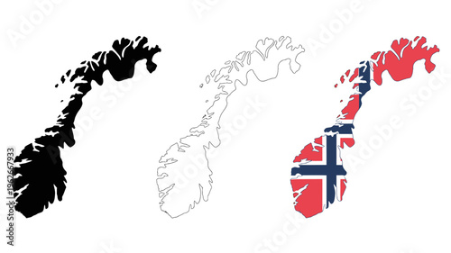 Three depictions of norway s coastline are presented solid black white outline and colored with the norwegian flag high quality professional detailed modern elegant stylish clean