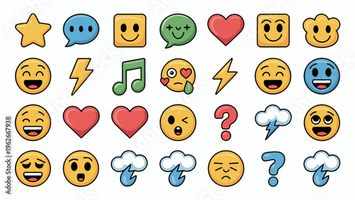 A colorful collection of various emoji and icons are displayed including smiling faces hearts speech bubbles and weather symbols high quality professional detailed modern elegant stylish