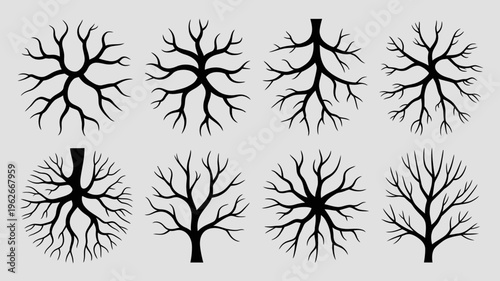 A collection of black silhouettes depicting bare tree branches and trunks arranged in a grid pattern on a light gray background high quality professional detailed modern