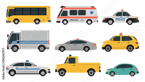 A colorful illustration depicts a variety of emergency and service vehicles including buses ambulances police cars and utility trucks high quality professional detailed modern elegant stylish