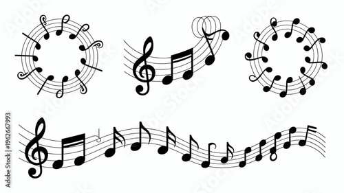 An arrangement of black musical notes and symbols forms circular and linear patterns against a clean white background high quality professional detailed modern elegant stylish crisp