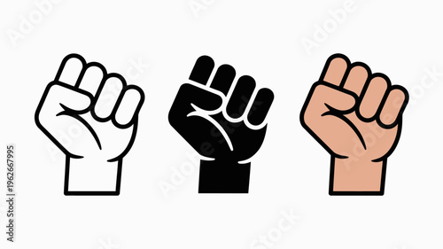Three illustrations depict a clenched fist in varying styles a line drawing a solid black silhouette and a shaded skin toned hand high quality professional detailed