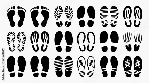 A collection of diverse black footprints and shoe sole patterns are displayed against a clean white background showing varied designs high quality professional detailed modern elegant