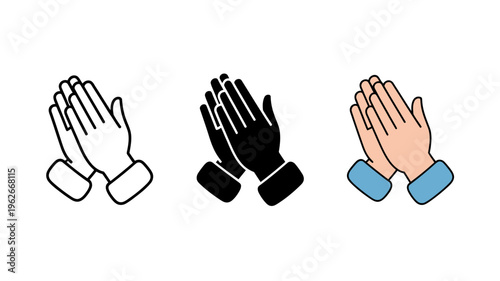 Three illustrations depict praying hands in different color schemes white outline solid black and light skin tone with blue sleeves high quality professional detailed modern elegant