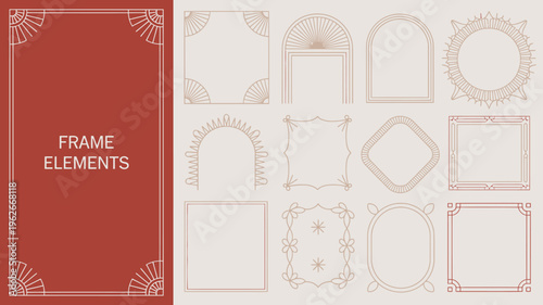 An assortment of decorative frames and border elements are displayed in a grid layout showcasing various geometric and ornate designs high quality professional detailed modern elegant