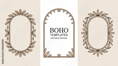 A set of three neutral toned oval shaped frames decorated with leaf motifs and the text boho templates is displayed high quality professional detailed modern elegant