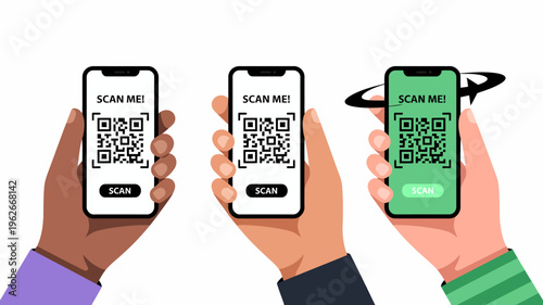 Three hands are depicted holding modern smartphones displaying qr codes with a scan me message inviting interaction high quality professional detailed elegant stylish clean crisp vibrant