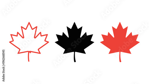 Three stylized maple leaf outlines are presented colored white black and red creating a minimalist canadian symbolic representation high quality professional detailed modern elegant stylish clean