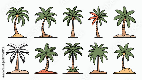 A colorful illustration displays a variety of palm trees with different frond shapes and heights set against a plain white background high quality professional detailed modern