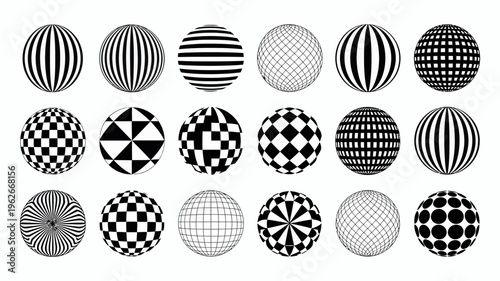 A collection of sixteen spherical illusions each featuring unique black and white patterns creating depth and visual distortion high quality professional detailed modern elegant stylish clean