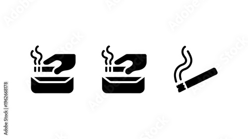 A series of black and white icons depict hands holding cigarettes and a lit cigarette resting on a surface high quality professional detailed modern elegant stylish