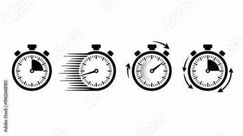 A sequence of four stopwatch icons illustrates the progression of time showing increasing speed and activity high quality professional detailed modern elegant stylish clean crisp vibrant