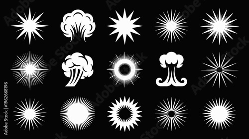 A collection of various white starburst and cloud like shapes against a solid black background resembling graphic design elements high quality professional detailed modern elegant stylish