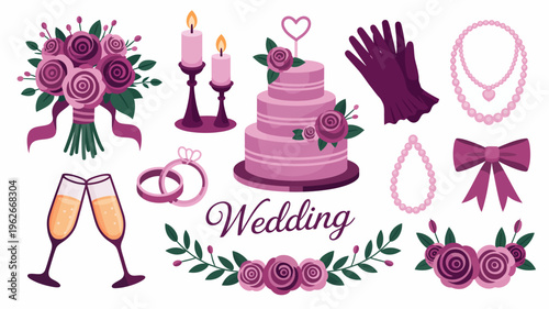 A collection of wedding elements is displayed including a cake bouquet champagne glasses rings and decorative accessories in pink and purple high quality professional detailed modern