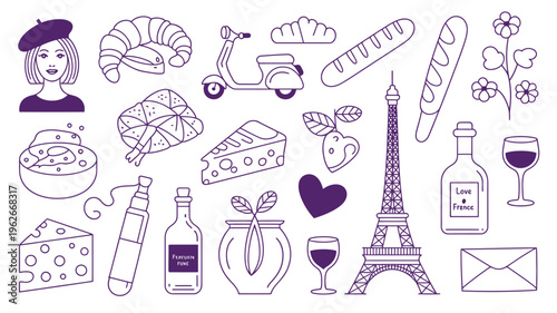 A charming illustration depicts iconic french elements including pastries the eiffel tower a scooter and romantic symbols in a delicate line art style high quality professional