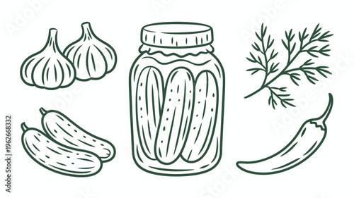 A minimalist line drawing showcases pickled cucumbers in a glass jar accompanied by garlic dill and a chili pepper high quality professional detailed modern elegant stylish