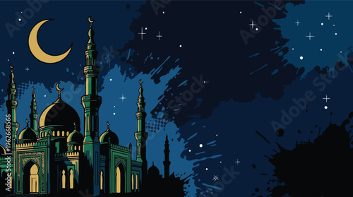 Crescent Moon Above Mosque Skyline Night View Islamic New Year Muharram