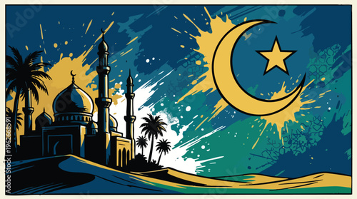Islamic New Year Desert Mosque Silhouette with Crescent Moon and Star Motif